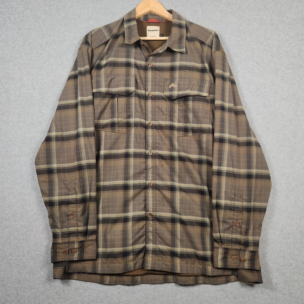 Simms Shirt Mens XL Brown Plaid Fleece Lined Flannel Button Up Outdor Fishing